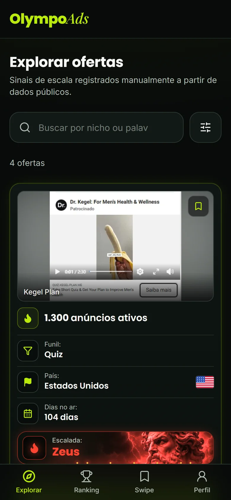 Plataforma OlympoAds no celular: busca e card de oferta nível Zeus com 1.300 anúncios ativos